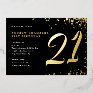 Invitation En Aluminium Confettis Or et Noir 21e Anniversaire 