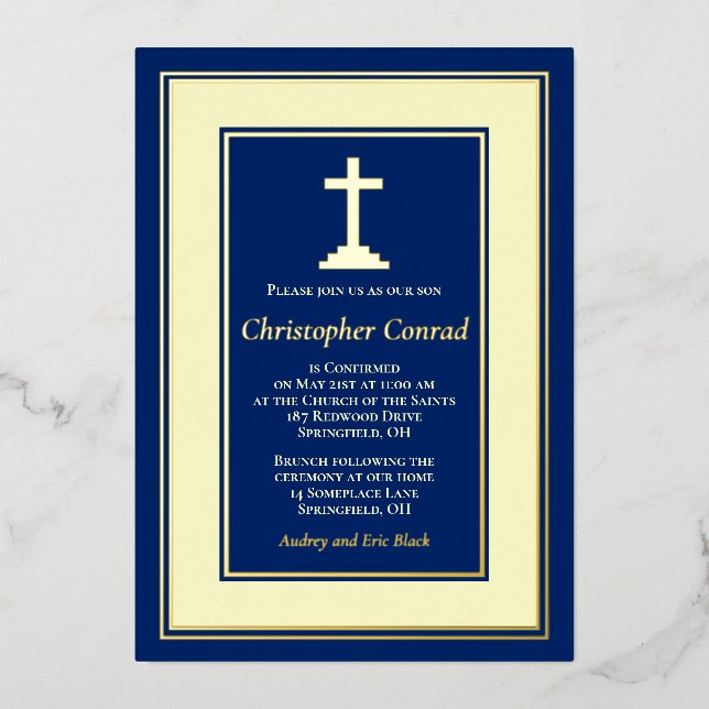 Invitation En Aluminium Confirmation catholique de Marine Real Gold Foil (Recto)