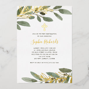 Invitation En Aluminium Confirmation des Feuilles d'huile d'or et d'olive