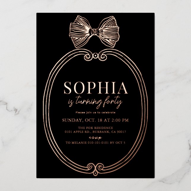 Invitation En Aluminium Coquette Gold Bow/Ribbon Black Anniversaire (Recto)