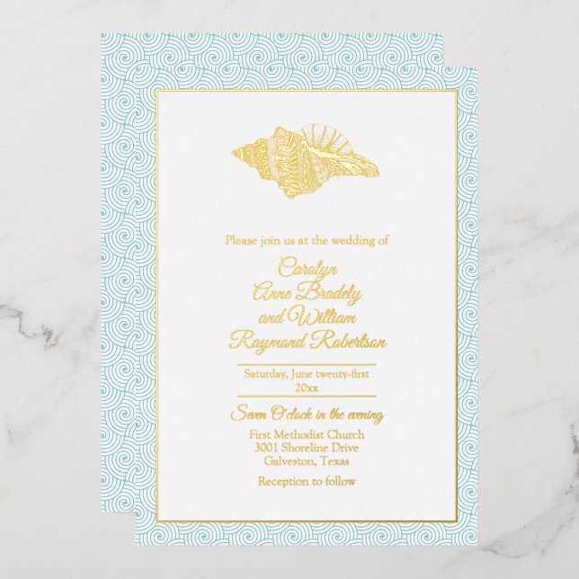Invitation En Aluminium Coquillage d'or avec Mariage de cadre Aqua (Recto/Verso)