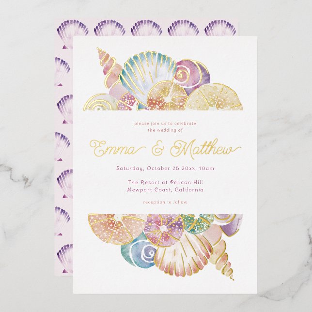 Invitation En Aluminium Coquille d'aquarelle sous le Mariage marin (Recto/Verso)