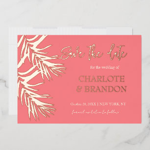 Invitation En Aluminium Coral Palm Rose Feuilles Mariage Enregistrer La Da