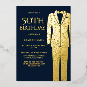 Invitation En Aluminium Costume & cravate dorés et navy pour fête des 50 a