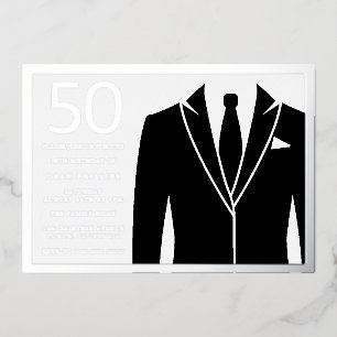 Invitation En Aluminium Costume et Cravate en argent et noir 50e anniversa
