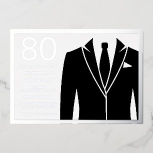 Invitation En Aluminium Costume noir & cravate Fête des 80 ans Argent