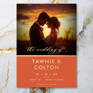 Invitation En Aluminium Coucher de soleil moderne Orange Script Photo Mari