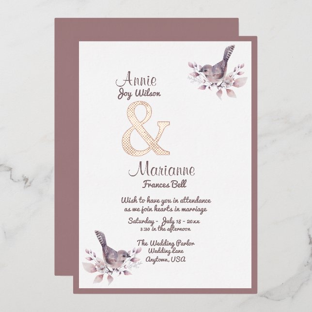 Invitation En Aluminium Couple lesbien Dusty Bourgogne Rose Gold Ampersand (Recto/Verso)