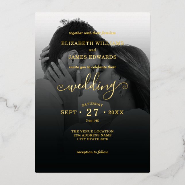 Invitation En Aluminium Couple romantique Monochrome Photo Mariage Or (Recto)