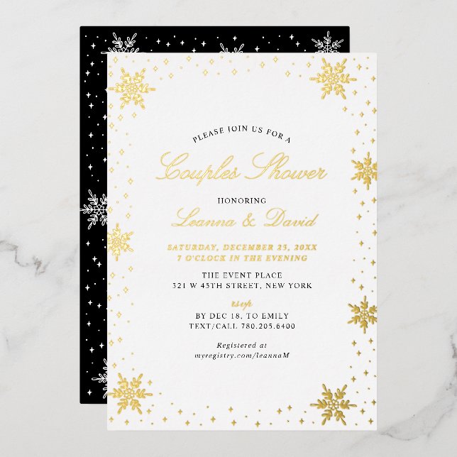 Invitation En Aluminium Couples de neige d'hiver Gold et Black Wedding sho (Recto/Verso)
