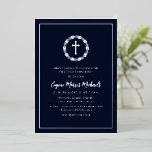 Invitation En Aluminium couronne botanique bleu première communion