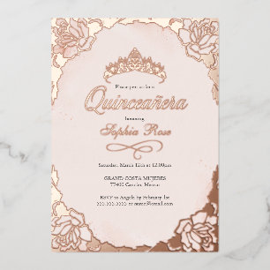 Invitation En Aluminium Couronne de Blush Rose Doré Floral pour Quinceaner