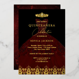 Invitation En Aluminium Couronne de Damas élégante Quinceanera or rouge