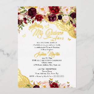 Invitation En Aluminium Couronne de dentelle florale or burgundy papillon
