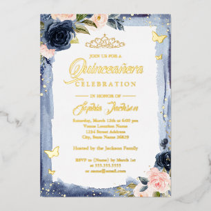 Invitation En Aluminium Couronne de Fête Rose Navy pour Quinceanera avec d