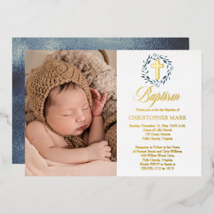 Invitation En Aluminium Couronne de feuilles d'aquarelle bleue pour garçon