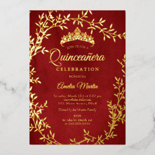 Invitation En Aluminium Couronne de feuilles d'or rouge élégante pour Quin