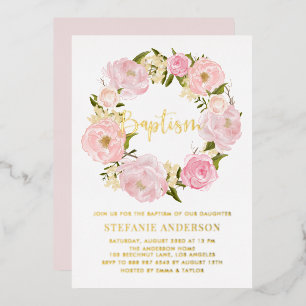 Invitation En Aluminium Couronne de fleurs de pivoine rose blush pour bapt