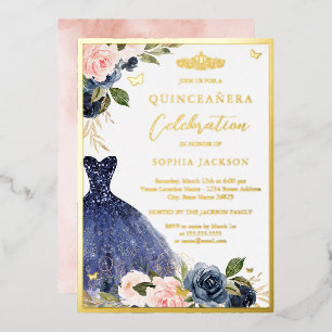 Invitation En Aluminium Couronne de fleurs rose marine Robe Quinceanera
