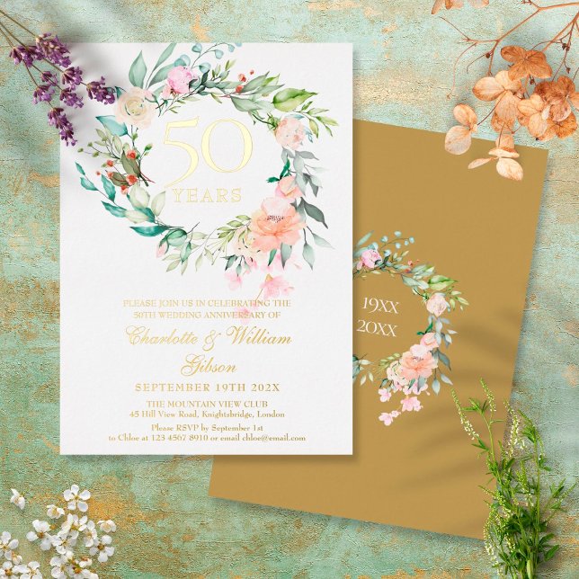 Invitation En Aluminium Couronne de fleurs Roses 50e anniversaire de maria (Créateur téléchargé)