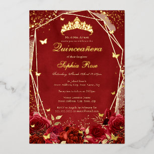 Invitation En Aluminium Couronne de fleurs royales or rouge Quinceanera 