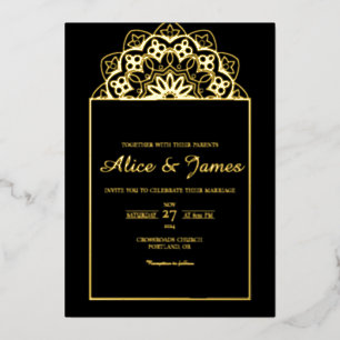 Invitation En Aluminium Couronne de mandala élégante en noir et or pour ma