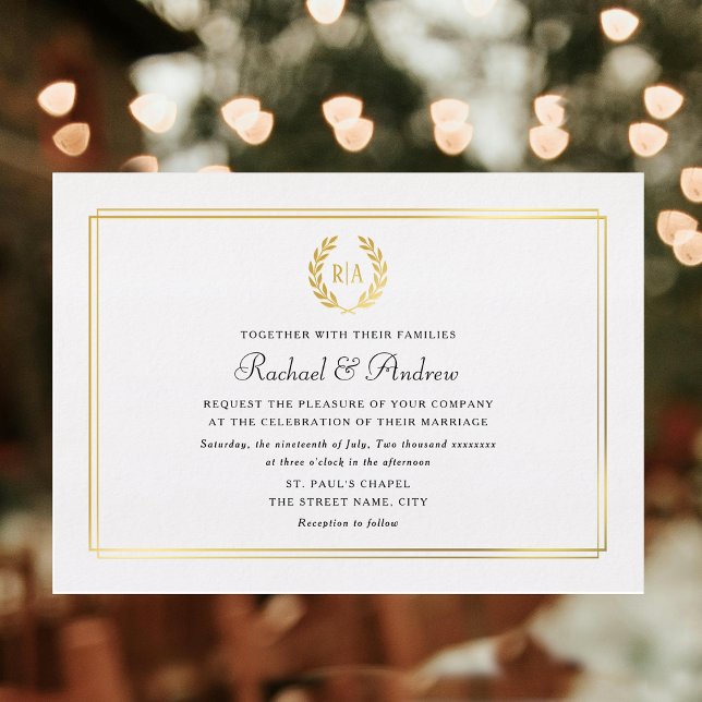 Invitation En Aluminium Couronne de mariage élégante monogramme à feuille  (Créateur téléchargé)