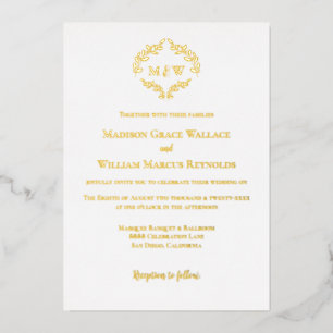 Invitation En Aluminium Couronne de mariage Luxe Romantique Monogramme Or 