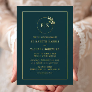 Invitation En Aluminium Couronne de monogramme vert émeraude mariage or