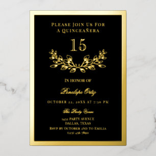 Invitation En Aluminium Couronne de Quinceañera en feuille d'or noir et or