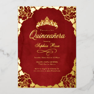 Invitation En Aluminium Couronne de Quinceanera en or rouge floral