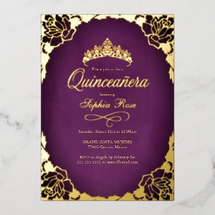 Invitation En Aluminium Couronne de Quinceanera Fleurie Violet Or