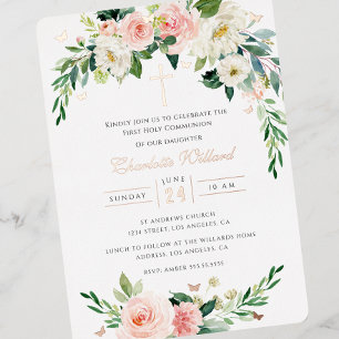 Invitation En Aluminium Couronne de rose couleur rose gold pour première c