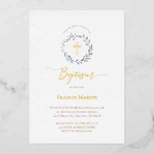 Invitation En Aluminium couronne de verdure bleu poussiéreux Baptême