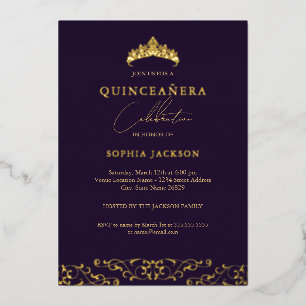 Invitation En Aluminium Couronne Écrin Violet Élégant pour Quinceanera