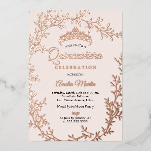 Invitation En Aluminium Couronne Élégante de Feuilles en Or Rose pour Quin
