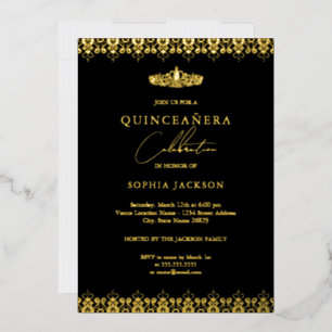 Invitation En Aluminium Couronne élégante en or noir pour Quinceanera