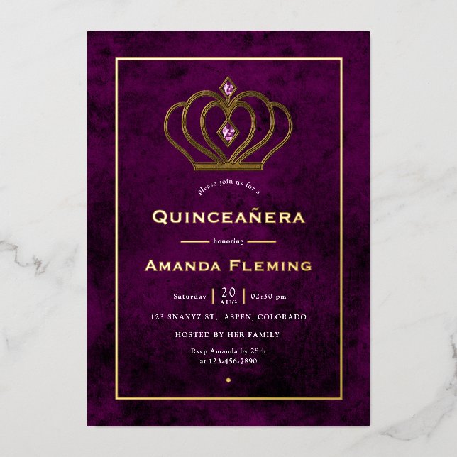 Invitation En Aluminium Couronne en pierre violet et or Quinceañera (Recto)