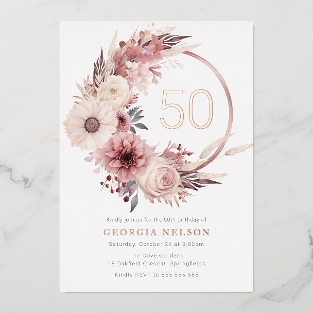 Invitation En Aluminium Couronne florale bohème 50e anniversaire Rose or (Recto)