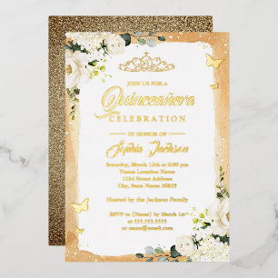 Invitation En Aluminium Couronne florale de Quinceanera en or scintillante