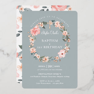 Invitation En Aluminium Couronne florale de rose aquarelle Baptême 1er ann