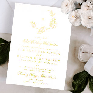 Invitation En Aluminium Couronne florale dorée monogramme vintage mariage