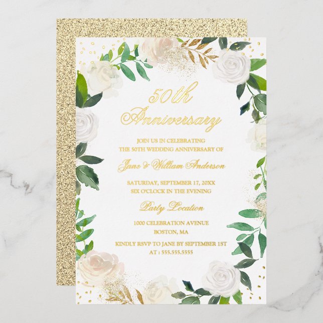 Invitation En Aluminium Couronne florale en feuille d'or pour anniversaire (Recto/Verso)