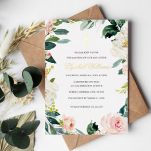 Invitation En Aluminium Couronne florale en or rose Croix fille baptême