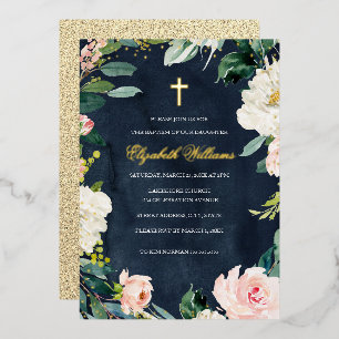 Invitation En Aluminium Couronne florale rose Navy pour fille baptême croi