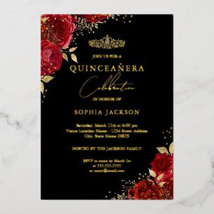 Invitation En Aluminium Couronne florale rouge en or pour Quinceanera
