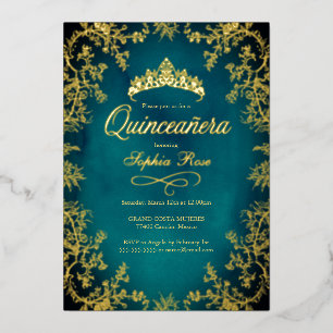 Invitation En Aluminium Couronne florale sarcelle or Quinceanera