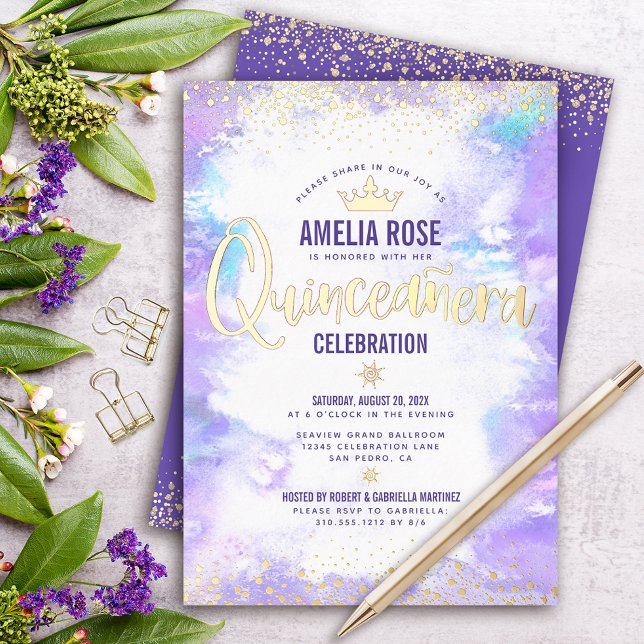 Invitation En Aluminium Couronne Glam Aquarelle Violette Quinceañera Or Ré (Créateur téléchargé)