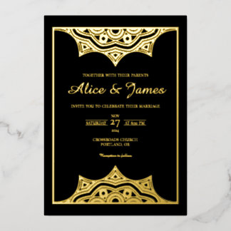 Invitation En Aluminium Couronne Mandala Élégant Mariage Noir Or Feuille