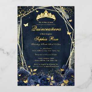 Invitation En Aluminium Couronne Papillon Floral Or Navy Quinceanera